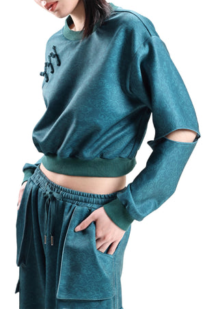 Aqua Cutout Sleeve Cropped Top