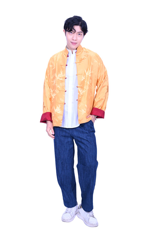 Mandarin Square Silk Reversible Jacket Burgundy/Yellow