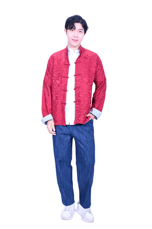 Mandarin Square Silk Reversible Jacket Grey/RED