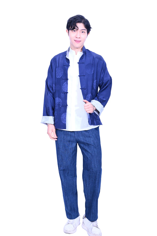 Mandarin Square Silk Reversible Tang Jacket Grey/Navy