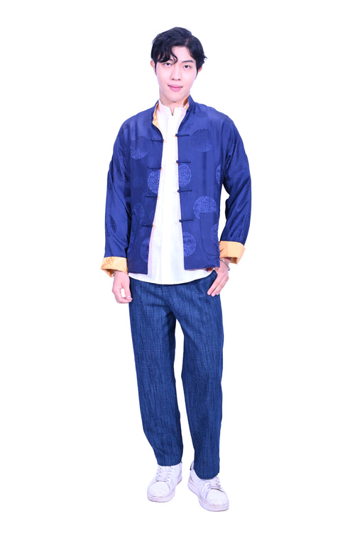 Mandarin Square Silk Reversible Jacket Blue/Yellow