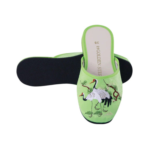 Golden Step Ladies Embroidery Slippers (White Crane)